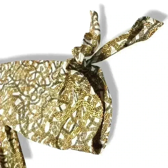 MICHAEL KORS Women's Blouse Top V-Neck Gold Chains Pattern Tie Bone Size M #152 - Picture 3 of 6